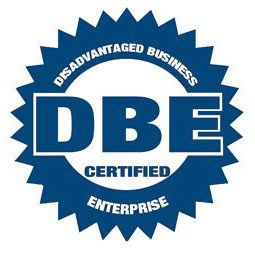 A blue and white seal that says dbe certified