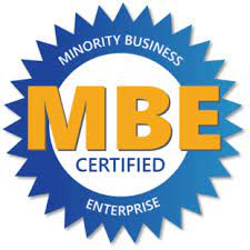 A blue and yellow badge with the word mbe certified.